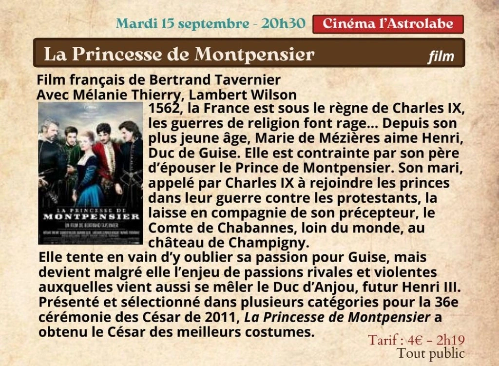 Festival Re-naissance à Figeac : ciné rencontre, la Princesse de Montpensier