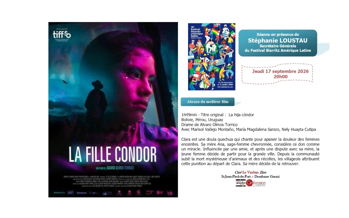Ciné rencontre "La fille condor" avec la secrétaire générale du Festival Biarritz Amérique Latine