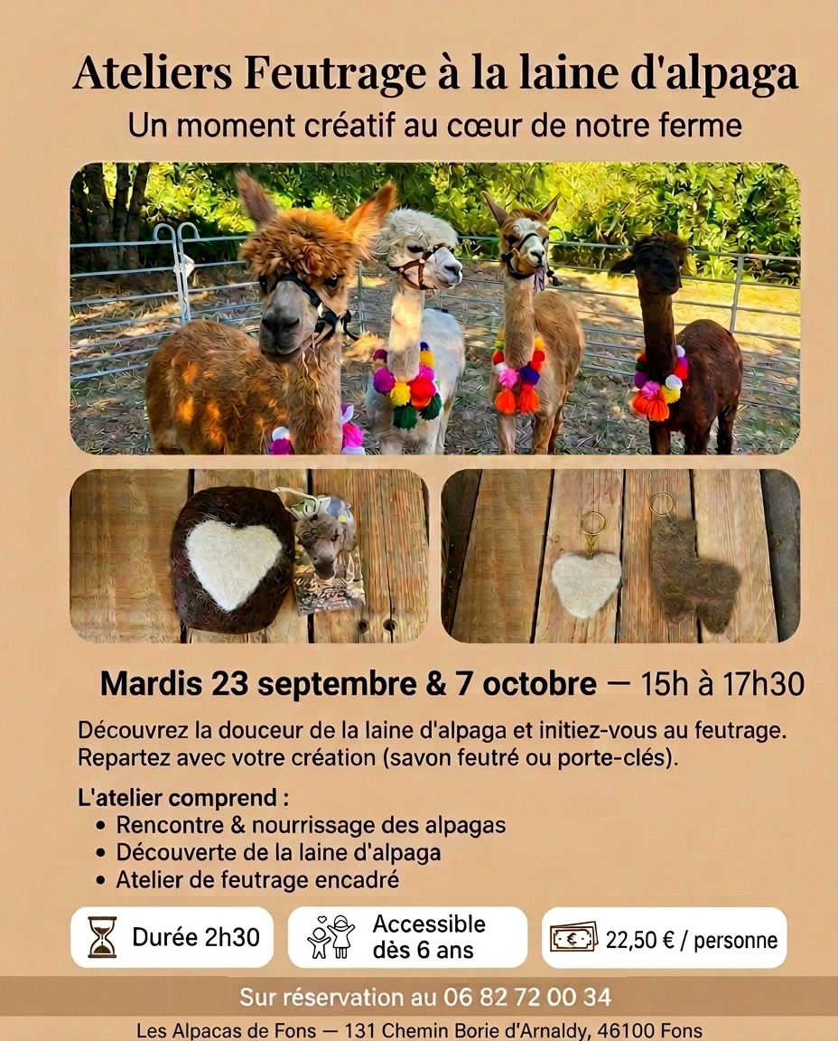 Ateliers feutrage à la ferme des Alpagas de Fons