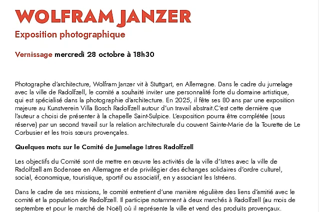 Exposition du comité de jumelage Istres / Radolfzell : exposition photographique de WOLFRAM JANZER