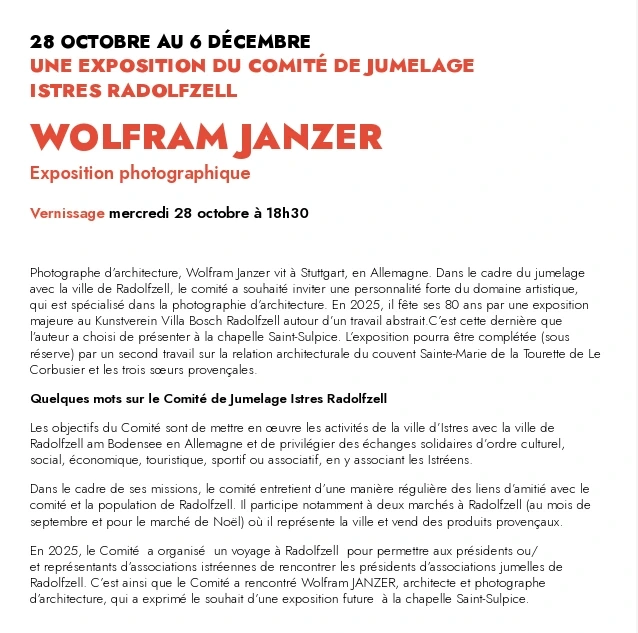 Exposition du comité de jumelage Istres / Radolfzell : exposition photographique de WOLFRAM JANZER