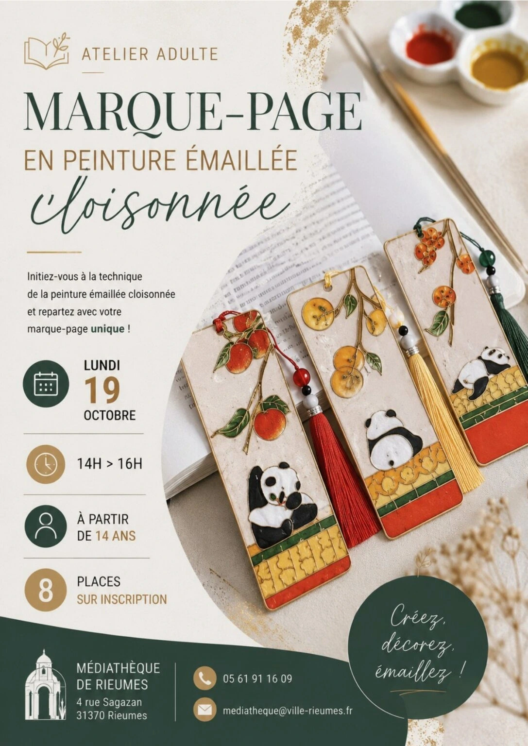 MÉDIATHÈQUE – ATELIER ADULTE : MARQUE-PAGE EN PEINTURE ÉMAILLÉE CLOISONNÉE