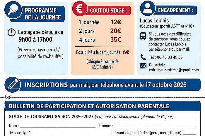 Tennis de Table : Stage de la Toussaint